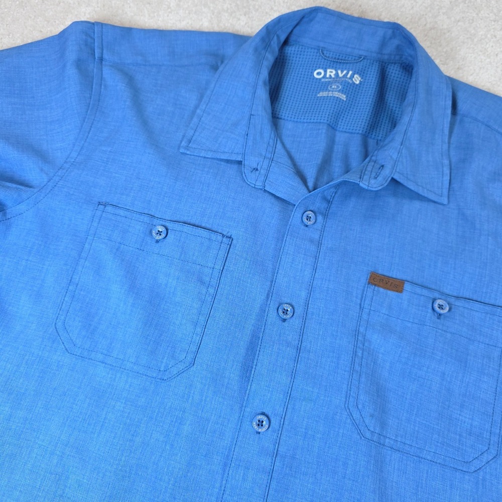Orvis Shirt Mens XL Blue Tech Woven Short Sleeve Button-Up Chest Pocket Outdoor